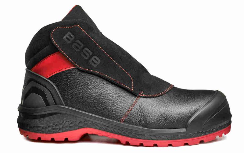Rutschfester Sicherheitsstiefel S3S HRO CI HI LG SC FO SR schwarz-rot mit Schuppenprofil